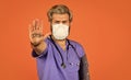Protective mask. Open palm stop gesture. Danger zone. Stop epidemic. Virus concept. Epidemic infection. Critical number Royalty Free Stock Photo