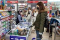 MINSK, BELARUS - April 27, 2020: Customers and grocery store workers in medical masks and gloves to protect against viruses.