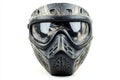 Protective paintball mask featuring paintball impact marks and splatter effects for enhanced safety Royalty Free Stock Photo