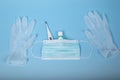 Protective products for treatment against the COVID-19 virus. Surgical mask, thermometer, disinfecting gel and latex gloves.