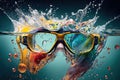 Protective sport goggles drop in swimming pool for diving