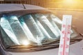 Protective reflective surface under the windshield of the passenger car parked on a hot day, heated by the sun`s rays. The