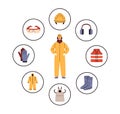 Protective safety outfit. Work uniform, protecting equipment. Worker wearing security helmet, protection eye glasses