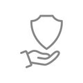 Protective shield on the hand line icon. Protection, security sign, defender support