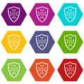 Protective shield icon set color hexahedron