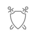 Protective shield with swords line icon. Protection, knights defender, warrior guard