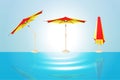 A protective sun umbrella for the beach in the open, bent, folded position. Accessory for your summer vacation or picnic