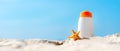 Protective sunscreen or sunblock and sunbath lotion for healthy care skin woman in white plastic bottles with starfish on tropical Royalty Free Stock Photo