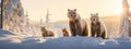 Protective two brown bear (ursus arctos) standing close to they two cubs.