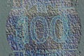 Protective watermark on a hundred euro bill in macro. protection against counterfeiting of banknotes. hologram. detail of paper Royalty Free Stock Photo