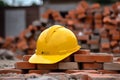 Protective yellow hard hat resting on a pile of bricks at a construction site. Generative AI Royalty Free Stock Photo