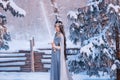 Protector on alert, fight of good and evil, magnificent courageous girl with dark long hair in gray warm cloak with Royalty Free Stock Photo