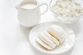 Proteic breakfast concept with dairy products on table