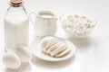 Proteic breakfast concept with dairy products on table