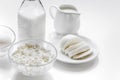 proteic breakfast concept with dairy products on table Royalty Free Stock Photo