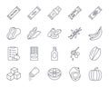 Protein bars and ingredients icons. Editable stroke vector line icon set. Nuts wheat honey coconut chocolate pie recipe. Sugar