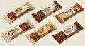 Protein bars in various packaging styles are arranged on a light surface. Each bar is Royalty Free Stock Photo