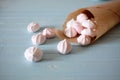 Protein based dessert. White and pink marshmallows in paper cone Royalty Free Stock Photo