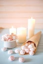 Protein based dessert. White and pink marshmallows in paper cone Royalty Free Stock Photo