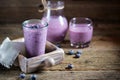 Protein cocktail of yogurt, milk, honey and blueberries.