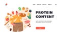 Protein Content Landing Page Template. Fat Female Character Choose between Healthy and Unhealthy Meals. Food Choice