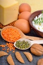 Protein food : eggs, almonds, lentils, cheese, walnut, and curd Royalty Free Stock Photo