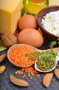 Protein food : eggs, almonds, lentils, cheese, walnut, and curd Royalty Free Stock Photo