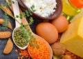 Protein food : eggs, almonds, lentils, cheese, walnut, and curd Royalty Free Stock Photo