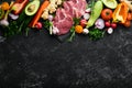 Protein menu: veal meat, vegetables and fruits.