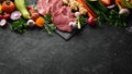 Protein menu: veal meat, vegetables and fruits.