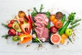 Protein menu: veal meat, vegetables and fruits.