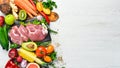 Protein menu: veal meat, vegetables and fruits.