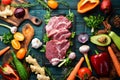 Protein menu: veal meat, vegetables and fruits.