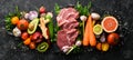 Protein menu: veal meat, vegetables and fruits.