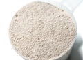 Protein powder chocolate flavour on scoop closeup isolated