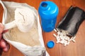 Protein powder and pills Royalty Free Stock Photo