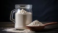 Protein powder scoop and jar on grey background generative AI Royalty Free Stock Photo