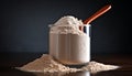 Protein powder scoop with jar on grey background generative AI Royalty Free Stock Photo