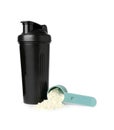 Protein powder, scoop and shaker isolated on white Royalty Free Stock Photo