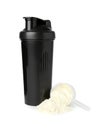 Protein powder, scoop and shaker isolated on white Royalty Free Stock Photo