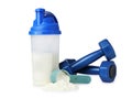 Protein powder, shaker and dumbbells isolated on white Royalty Free Stock Photo