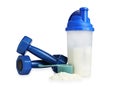 Protein powder, shaker and dumbbells isolated on white Royalty Free Stock Photo