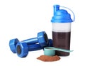 Protein powder, shaker and dumbbells isolated on white Royalty Free Stock Photo