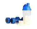Protein powder, shaker and dumbbells isolated on white Royalty Free Stock Photo