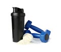 Protein powder, shaker and dumbbells isolated on white Royalty Free Stock Photo