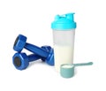 Protein powder, shaker and dumbbells isolated on white Royalty Free Stock Photo