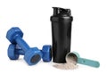 Protein powder, shaker and dumbbells isolated on white Royalty Free Stock Photo