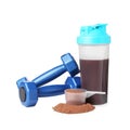 Protein powder, shaker and dumbbells isolated on white Royalty Free Stock Photo