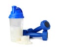 Protein powder, shaker and dumbbells isolated on white Royalty Free Stock Photo