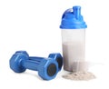 Protein powder, shaker and dumbbells isolated on white Royalty Free Stock Photo